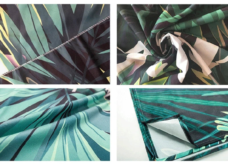 Fabric with tropical leaf pattern shown in different angles and conditions.