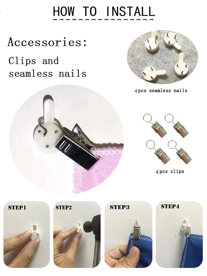 Instructions on how to install accessories including clips and seamless nails with step-by-step images.