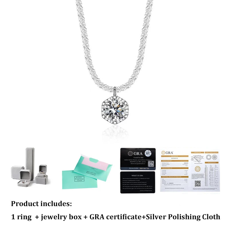 Moissanite necklace with pendant, ring, jewelry box, GRA certificate, and polishing cloth on a white background.